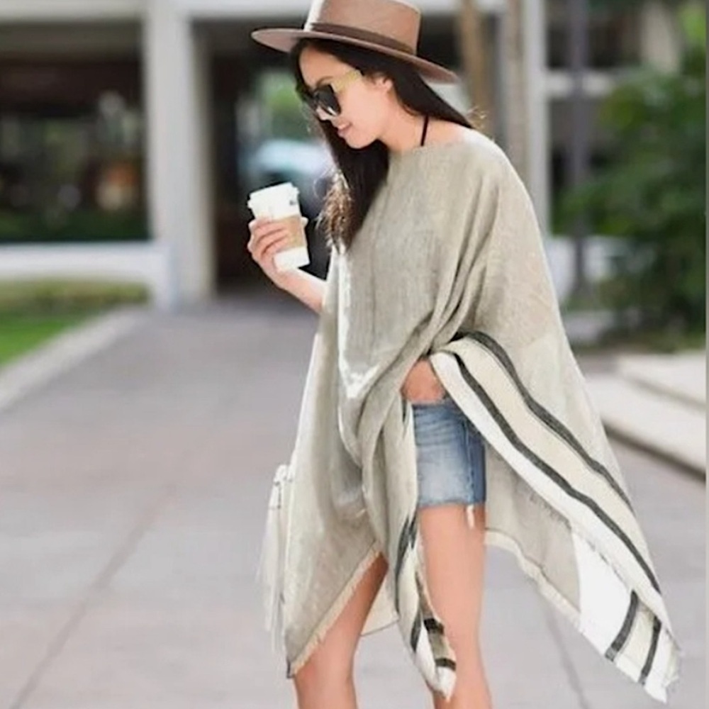 Rag &‎ Bone Border Stripe Poncho Linen Blend OS